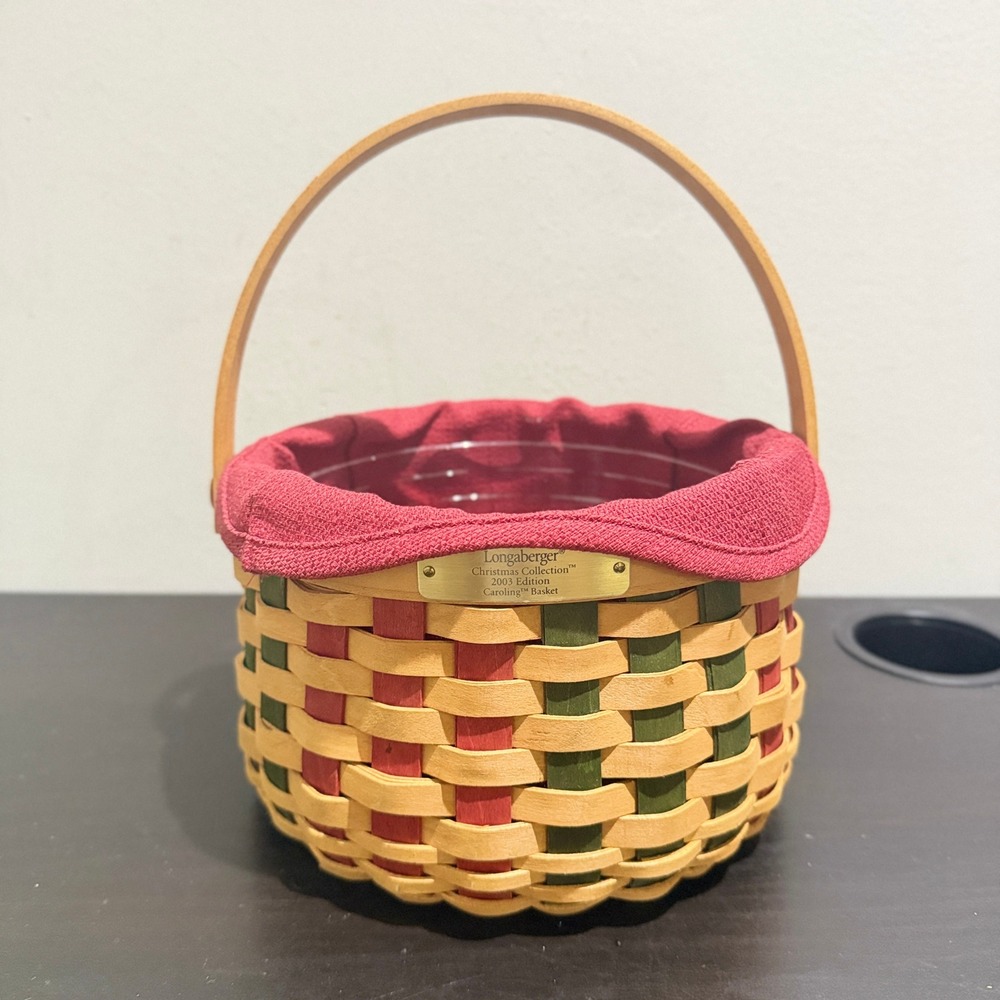 Longaberger 2003 Christmas Collection Caroling Basket Red Green Liner Protector